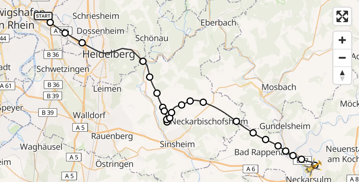 Flugroute Rettungshubschrauber Mannheim-City Flughafen - Klinikum am Plattenwald, 30 März 2026, 06:13