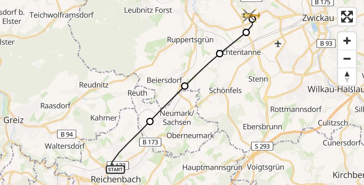 Routekaart van de vlucht: Rettungshubschrauber nach ADAC Air Rescue Station Zwickau Hubschrauberlandeplatz