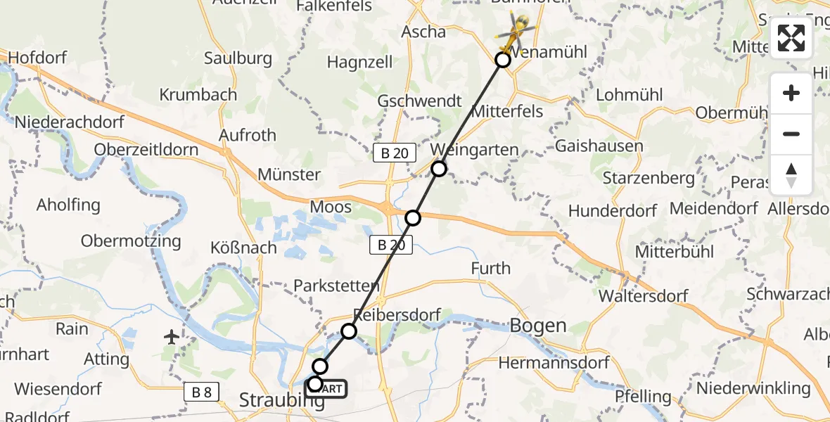 Routekaart van de vlucht: Rettungshubschrauber nach Haselbach, Johann-Baier Straße