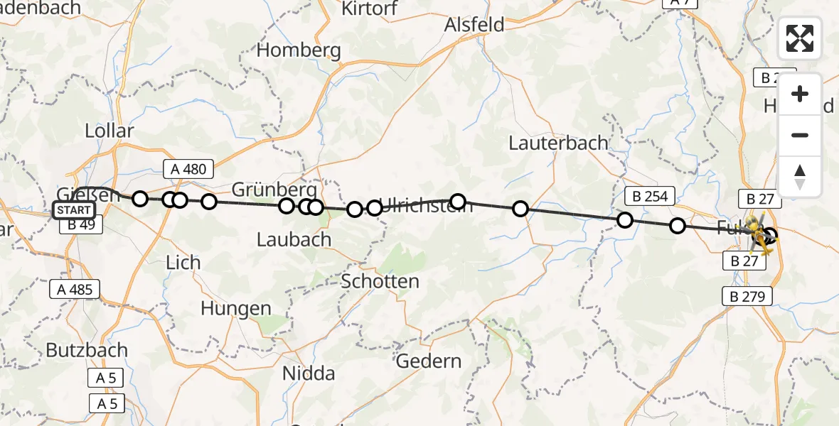 Flugroute Rettungshubschrauber Gießen - Fulda Hospital, 30 März 2026, 06:57