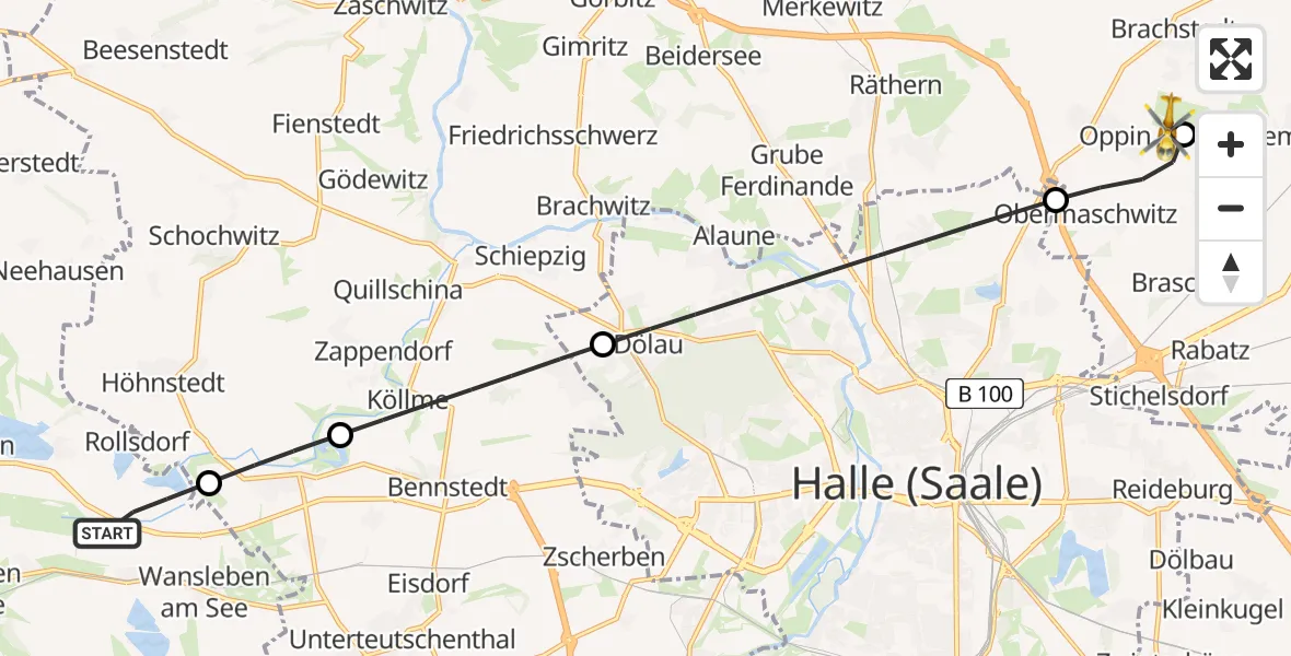 Routekaart van de vlucht: Rettungshubschrauber nach Halle-Oppin Flugplatz