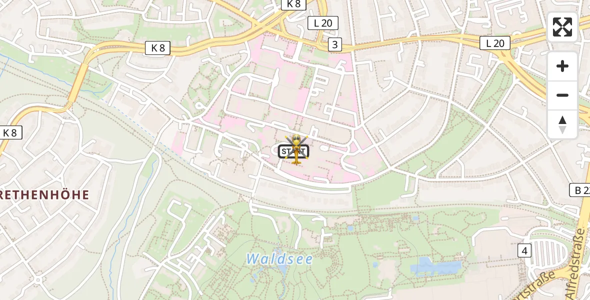 Flugroute Ambulanzhubschrauber Essen - Essen, 30 März 2026, 07:01