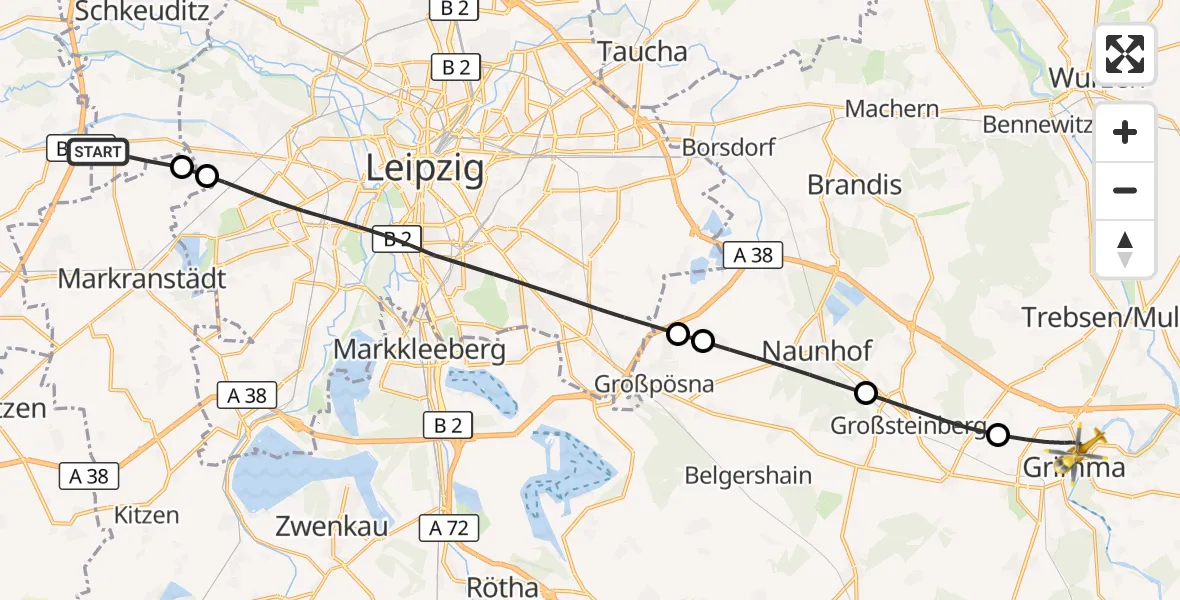 Flugroute Rettungshubschrauber Schkeuditz - Grimma, 30 März 2026, 07:04