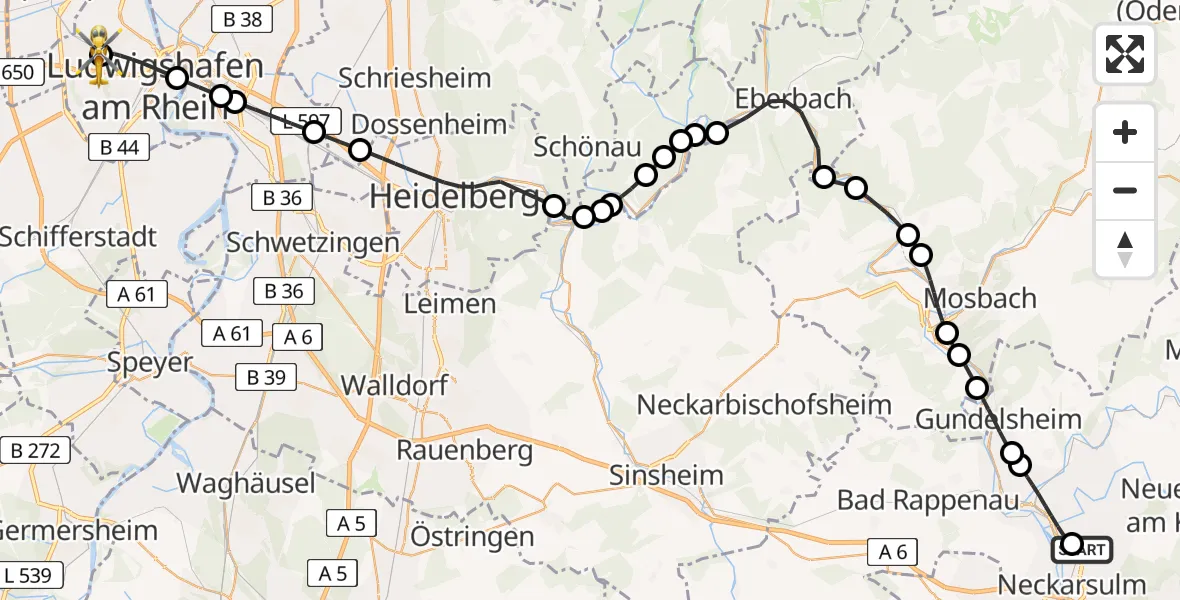 Routekaart van de vlucht: Rettungshubschrauber nach Ludwigshafen Accident Hospital