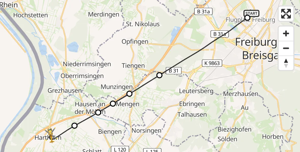 Flugroute Rettungshubschrauber Freiburg im Breisgau Flugplatz - Hartheim am Rhein, 30 März 2026, 07:13