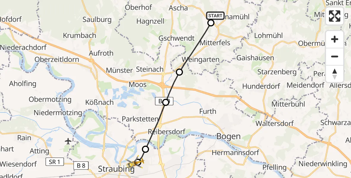 Routekaart van de vlucht: Rettungshubschrauber nach Sankt Elisabeth Hospital Straubing