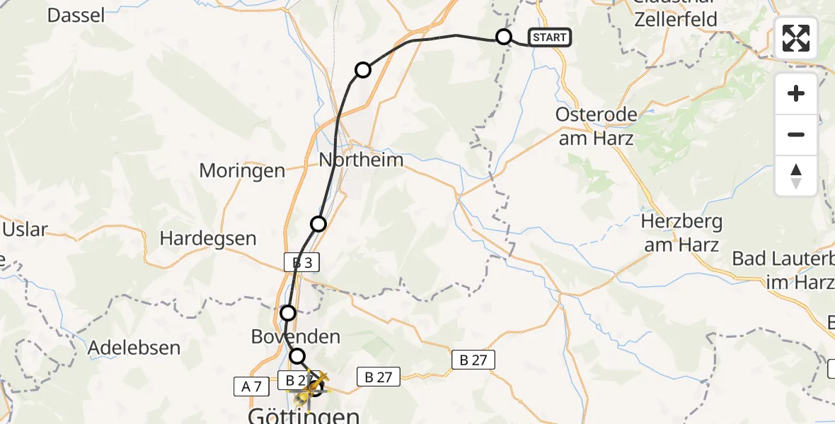 Routekaart van de vlucht: Rettungshubschrauber nach Göttingen University Clinic Hubschrauberlandeplatz