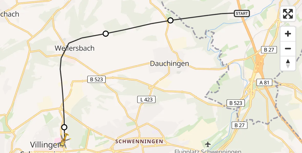 Routekaart van de vlucht: Rettungshubschrauber nach DRF Air Rescue Station Villingen-Schwenningen Hubschrauberlandeplatz (Christoph 11)