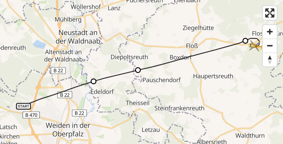 Flugroute Rettungshubschrauber Weiden i.d.OPf. - Flossenbürg, 30 März 2026, 07:29