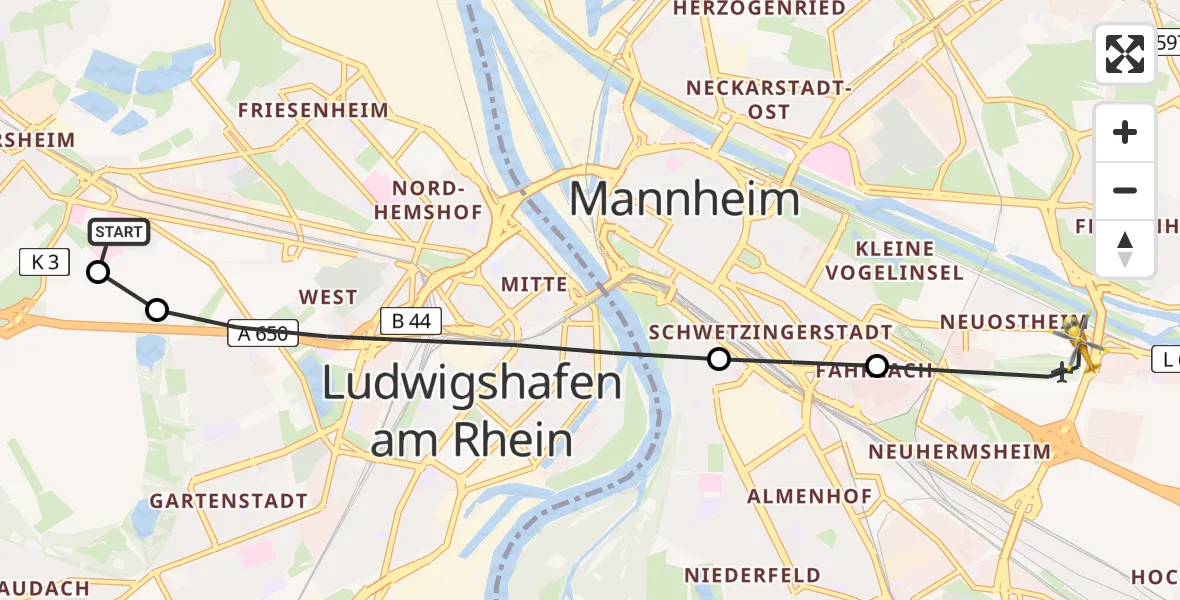 Routekaart van de vlucht: Rettungshubschrauber nach Mannheim-City Flughafen