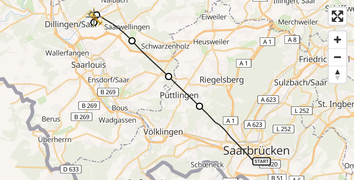 Flugroute Rettungshubschrauber Saarbrücken - Saarlouis, 30 März 2026, 07:53