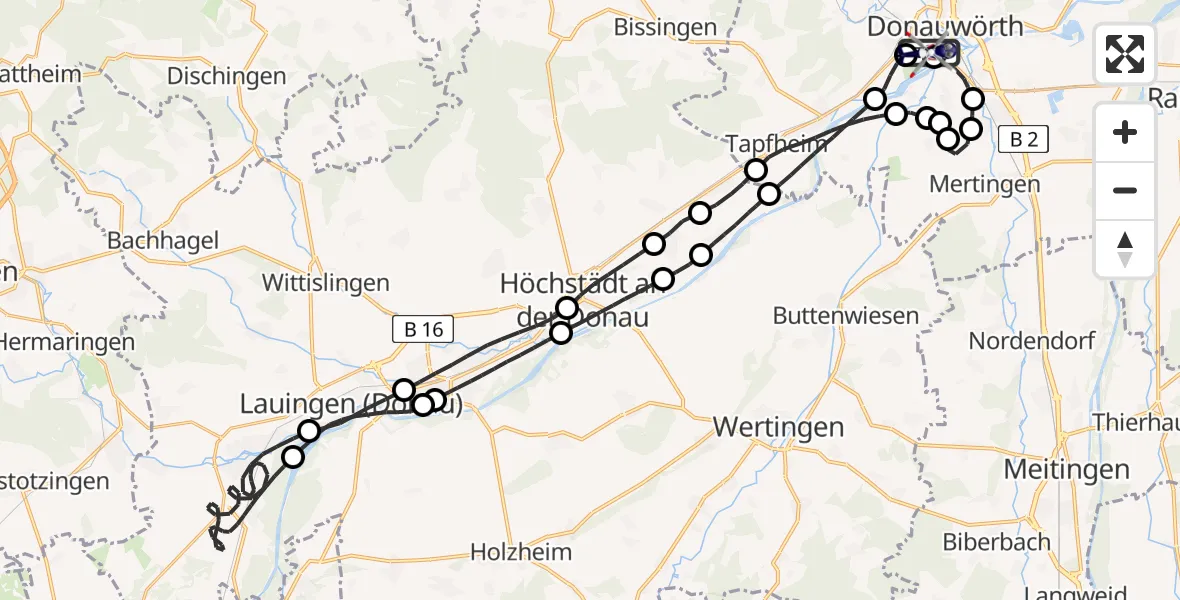 Routekaart van de vlucht: Polizeihubschrauber nach Donauwörth Hubschrauberlandeplatz