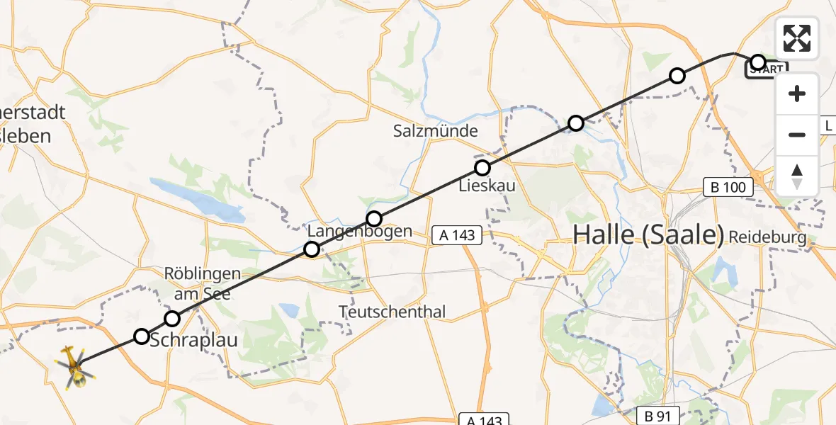 Flugroute Ambulanzhubschrauber Halle-Oppin Flugplatz - Farnstädt, 30 März 2026, 08:06