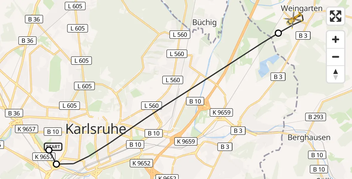 Flugroute Rettungshubschrauber Sankt Vincentius Hospital - Weingarten (Baden), 30 März 2026, 08:06