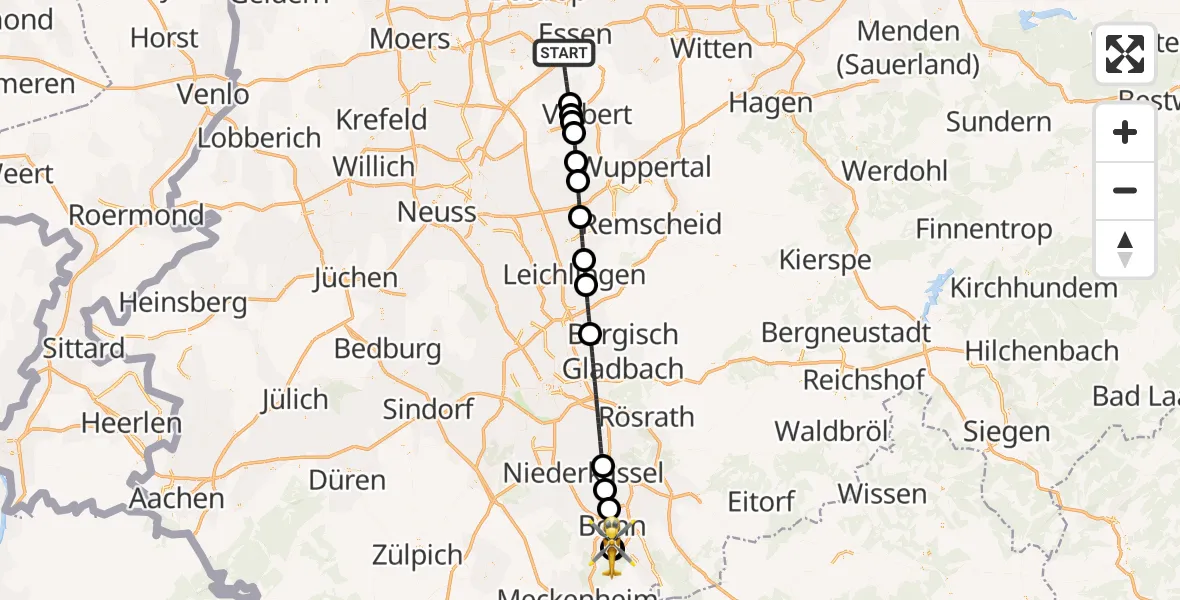 Flugroute Ambulanzhubschrauber Essen - Bonn University Hospital, 30 März 2026, 08:06