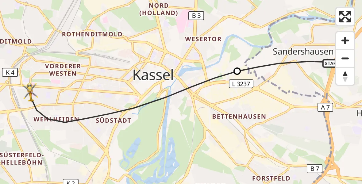 Routekaart van de vlucht: Rettungshubschrauber nach Kassel, Hansteinstraße