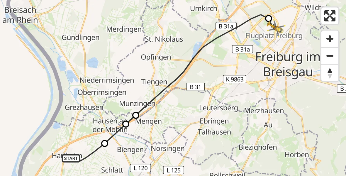 Flugroute Rettungshubschrauber Hartheim am Rhein - Freiburg im Breisgau Flugplatz, 30 März 2026, 08:25