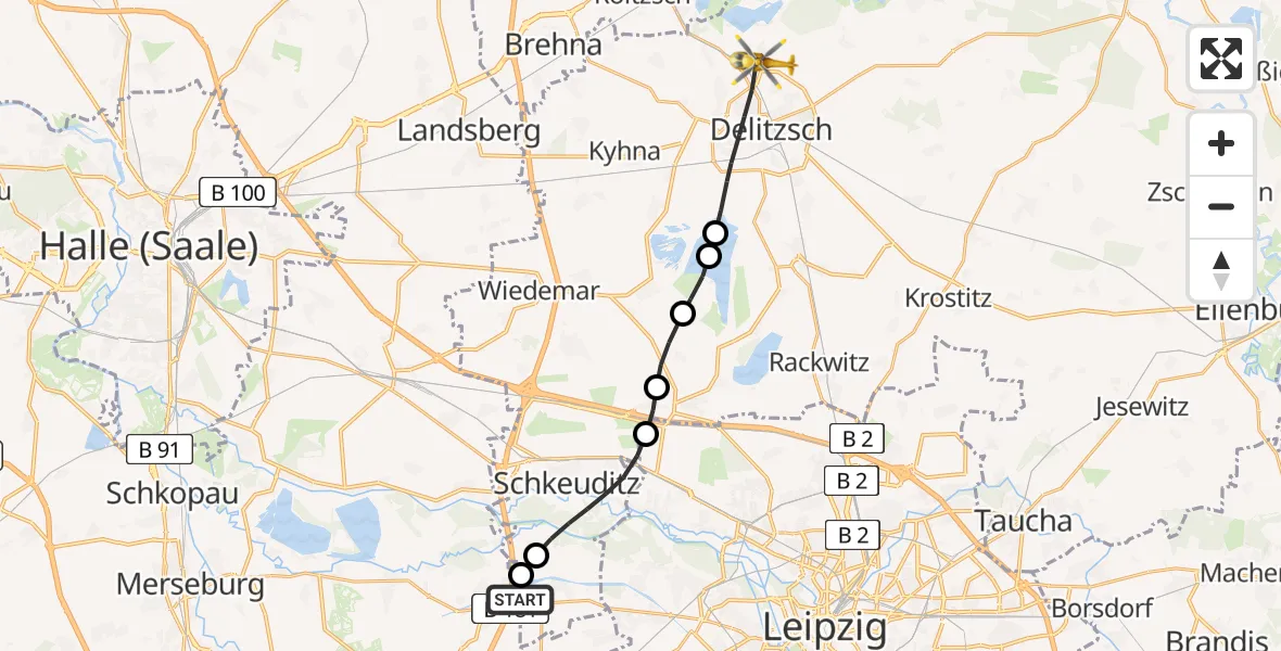 Flugroute Rettungshubschrauber ADAC Air Rescue Station Leipzig/Schkeuditz-Dölzig Hubschrauberlandeplatz (Christoph 61) - Delitzsch, 30 März 2026, 08:28