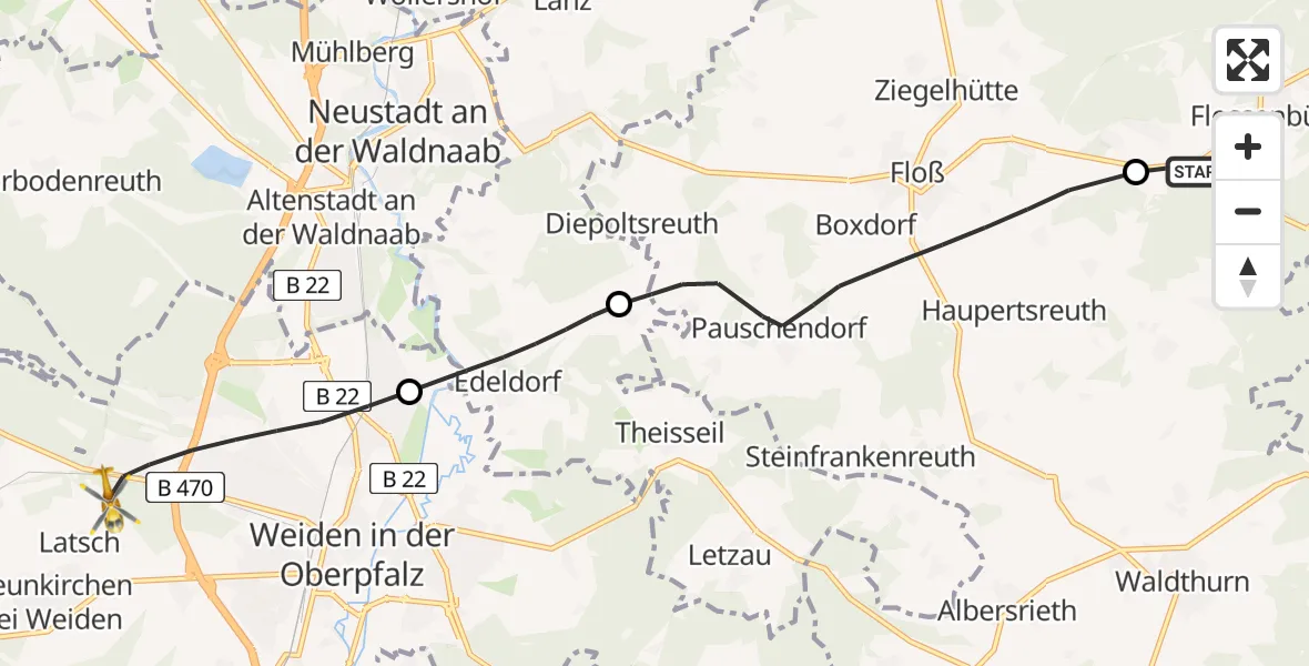 Routekaart van de vlucht: Rettungshubschrauber nach Weiden in der Oberpfalz Flugplatz