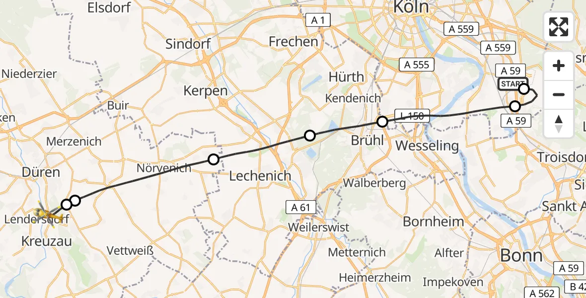 Flugroute Rettungshubschrauber Köln - Düren, 30 März 2026, 08:49