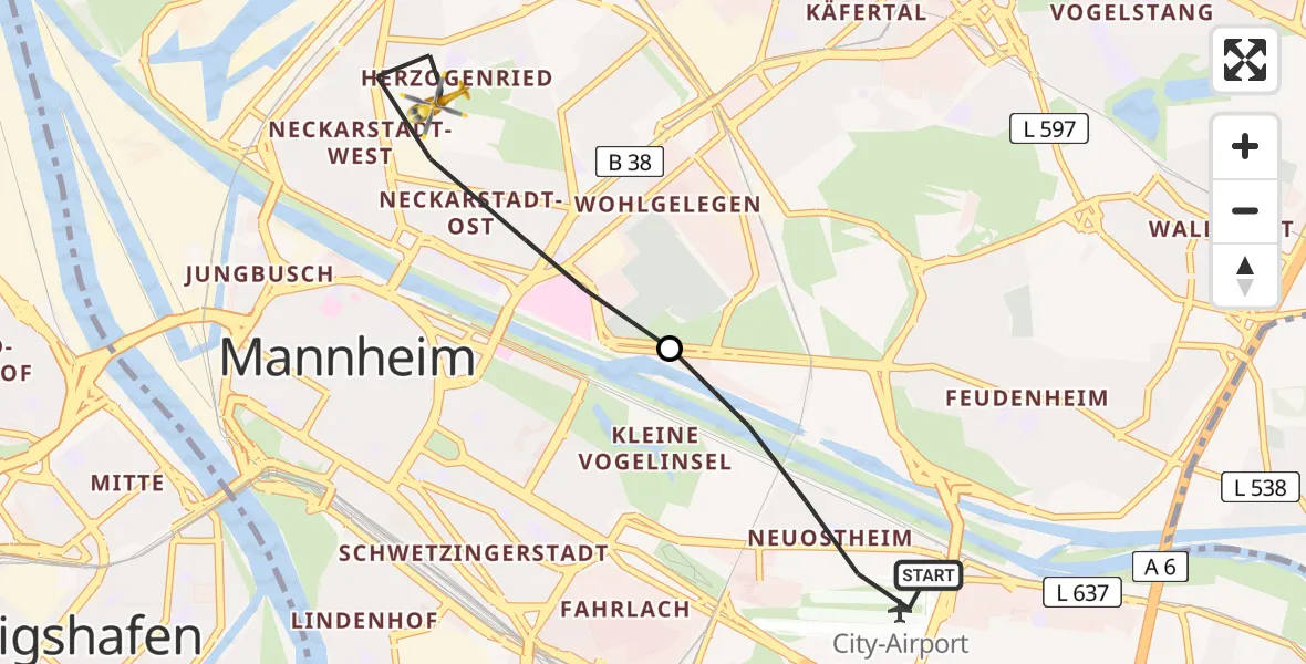 Flugroute Rettungshubschrauber Mannheim-City Flughafen - Mannheim, 30 März 2026, 08:52