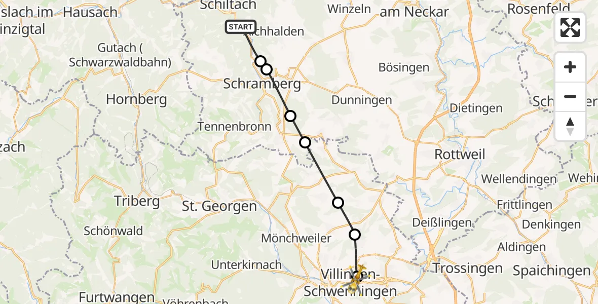 Routekaart van de vlucht: Rettungshubschrauber nach DRF Air Rescue Station Villingen-Schwenningen Hubschrauberlandeplatz (Christoph 11)