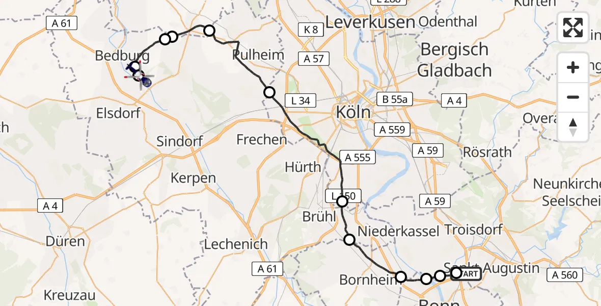 Flugroute Polizeihubschrauber Sankt Augustin - Bergheim Flugplatz, 30 März 2026, 08:56