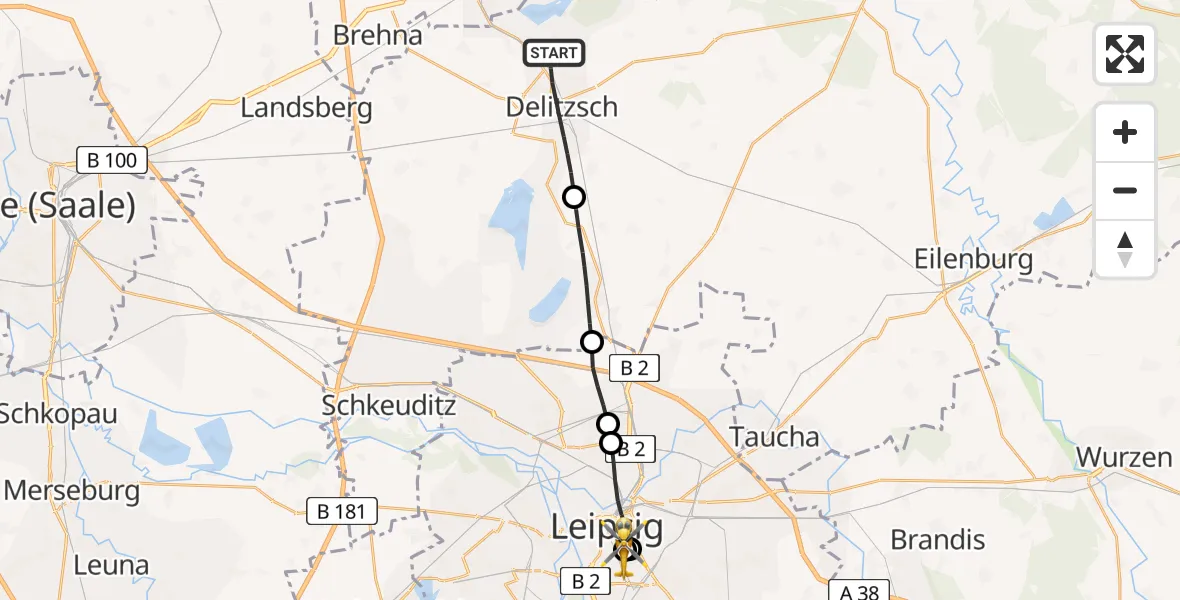 Routekaart van de vlucht: Rettungshubschrauber nach Leipzig University Hospital Heliport 1