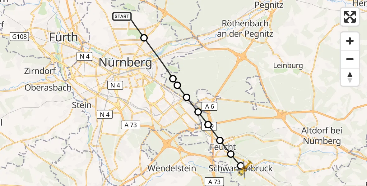 Flugroute Rettungshubschrauber Flughafen Nuremberg - Schwarzenbruck, 30 März 2026, 09:02