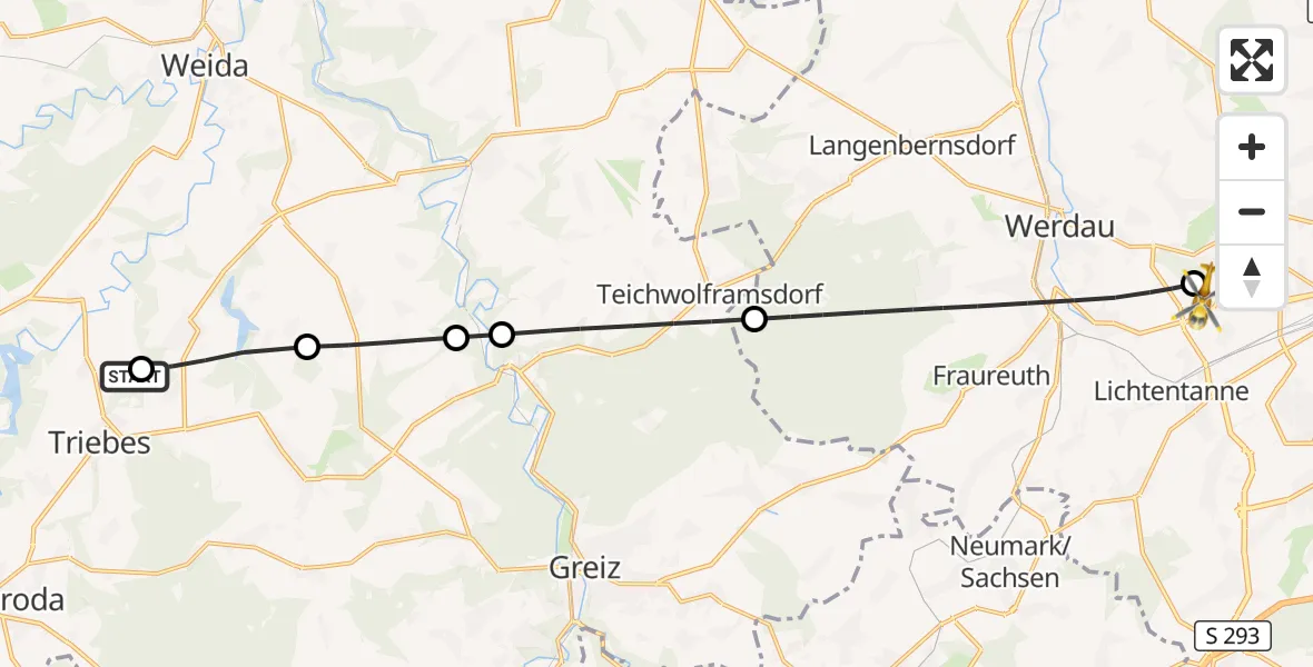 Flugroute Rettungshubschrauber Zeulenroda-Triebes - ADAC Air Rescue Station Zwickau Hubschrauberlandeplatz, 30 März 2026, 09:02