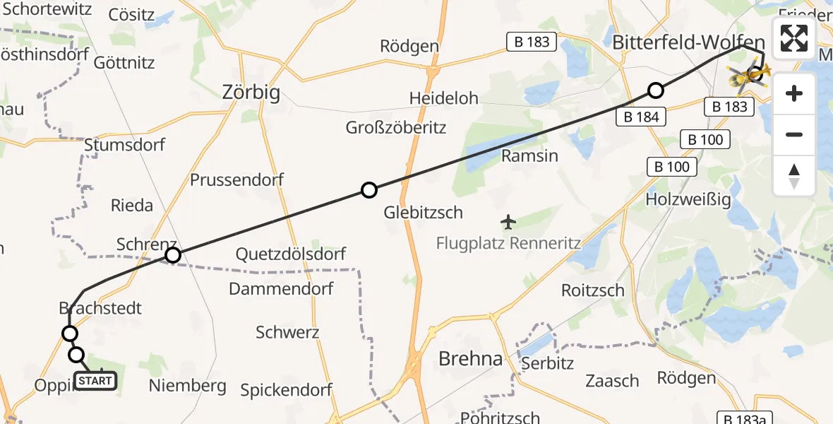 Flugroute Rettungshubschrauber Halle-Oppin Flugplatz - Bitterfield-Wolfen Health Center Hubschrauberlandeplatz, 30 März 2026, 09:02