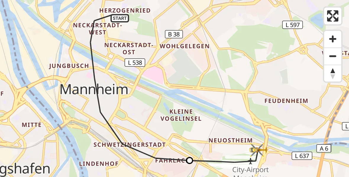 Flugroute Rettungshubschrauber Mannheim - Mannheim-City Flughafen, 30 März 2026, 09:05