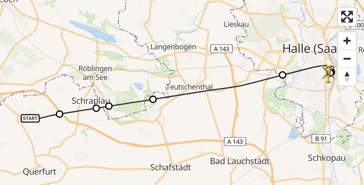 Routekaart van de vlucht: Ambulanzhubschrauber nach BG Hospital Bergmannstrost Halle