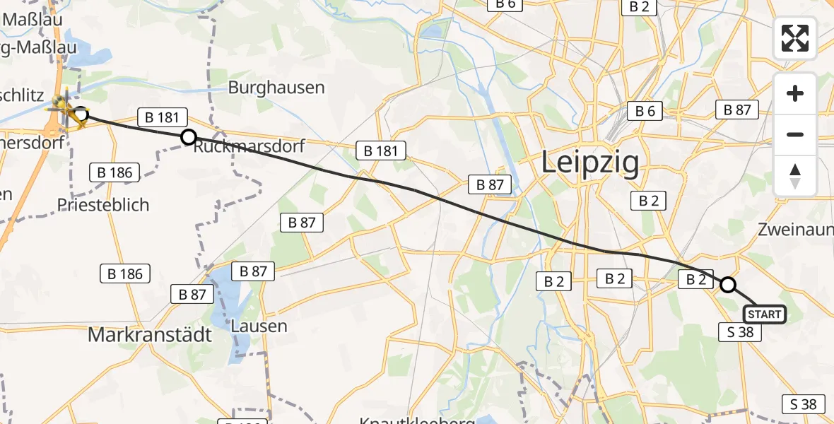 Flugroute Rettungshubschrauber Leipzig Heart Center Rooftop Hubschrauberlandeplatz - ADAC Air Rescue Station Leipzig/Schkeuditz-Dölzig Hubschrauberlandeplatz (Christoph 61), 30 März 2026, 09:14