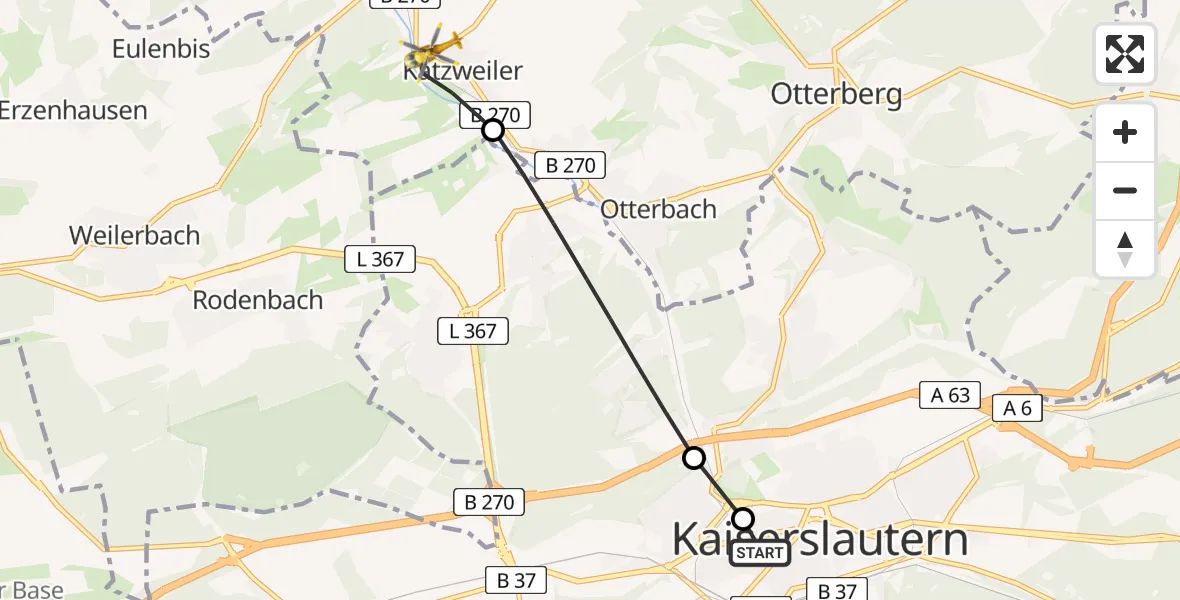Flugroute Rettungshubschrauber Westpfalz Hospital Kaiserslautern - Katzweiler, 30 März 2026, 09:16