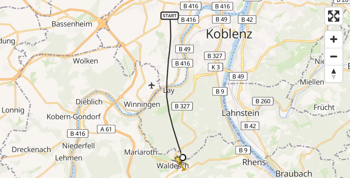 Flugroute Rettungshubschrauber Koblenz - Waldesch, 30 März 2026, 09:19