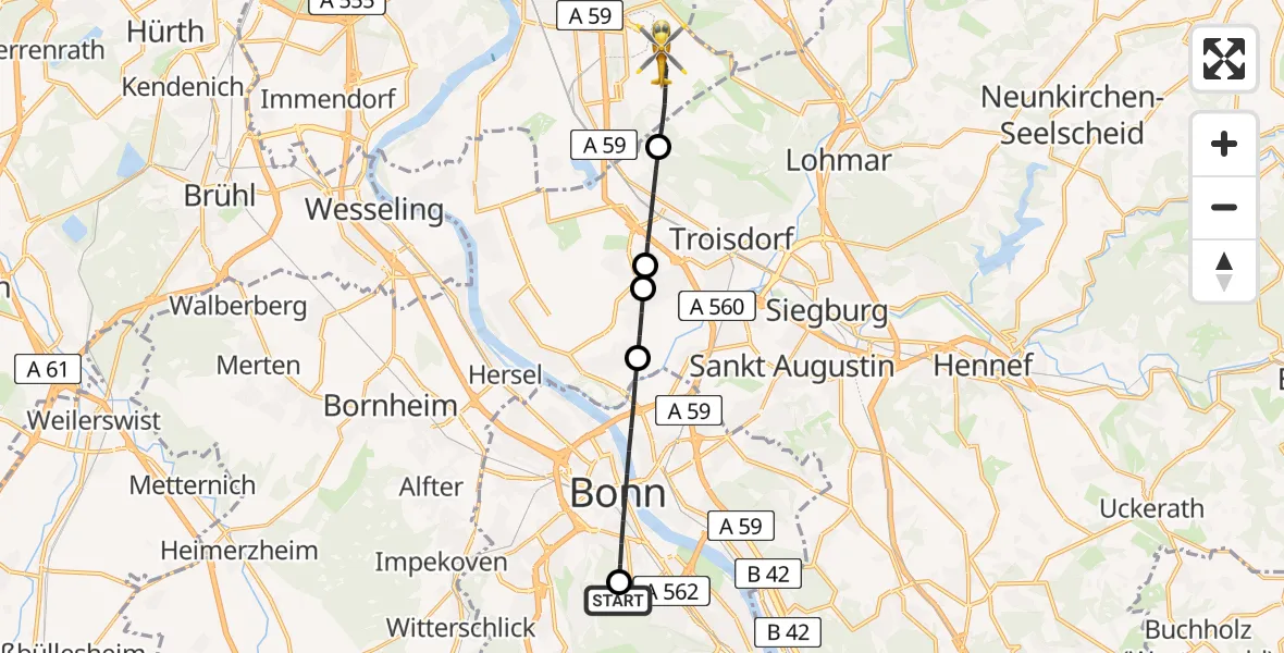 Flugroute Ambulanzhubschrauber Bonn University Hospital - Köln Bonn Flughafen, 30 März 2026, 09:20