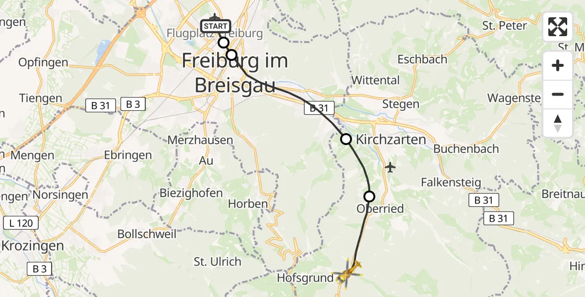 Flugroute Rettungshubschrauber Freiburg im Breisgau - Oberried, 30 März 2026, 09:22