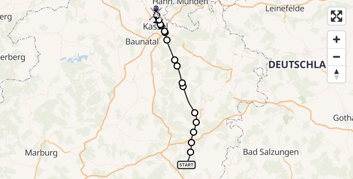 Routekaart van de vlucht: Polizeihubschrauber nach Fuldatal Bundespolizei Hubschrauberlandeplatz