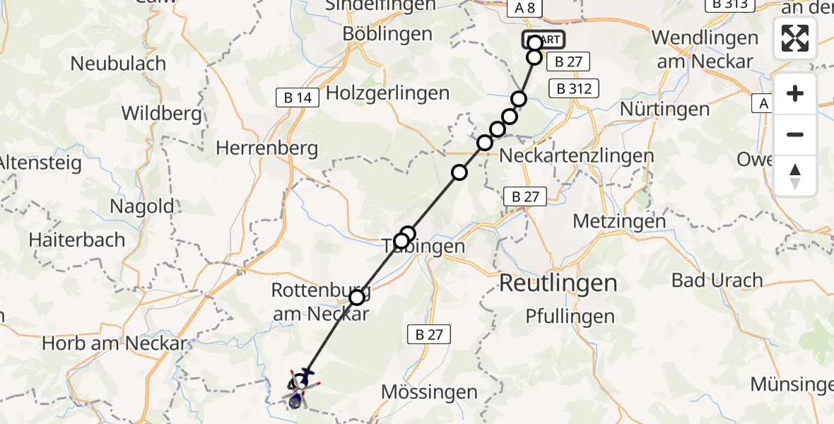 Flugroute Polizeihubschrauber Flughafen Stuttgart - Hirrlingen, 30 März 2026, 09:28