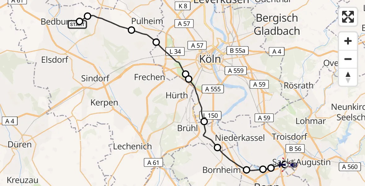 Routekaart van de vlucht: Polizeihubschrauber nach Sankt Augustin, Richthofenstraße