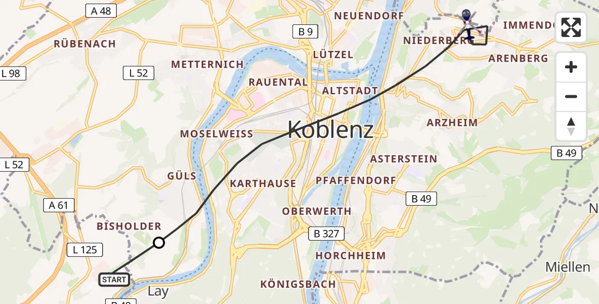 Routekaart van de vlucht: Polizeihubschrauber nach Koblenz, General-Allen-Straße