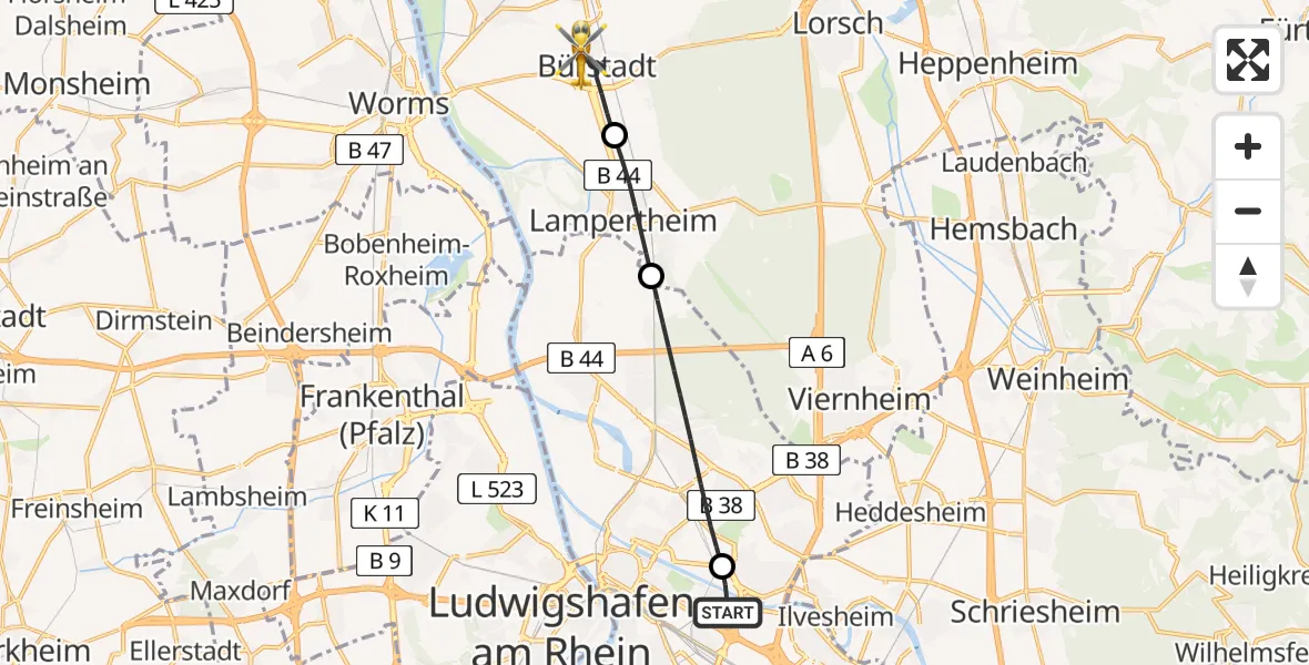 Flugroute Rettungshubschrauber Mannheim-City Flughafen - Bürstadt, 30 März 2026, 09:44