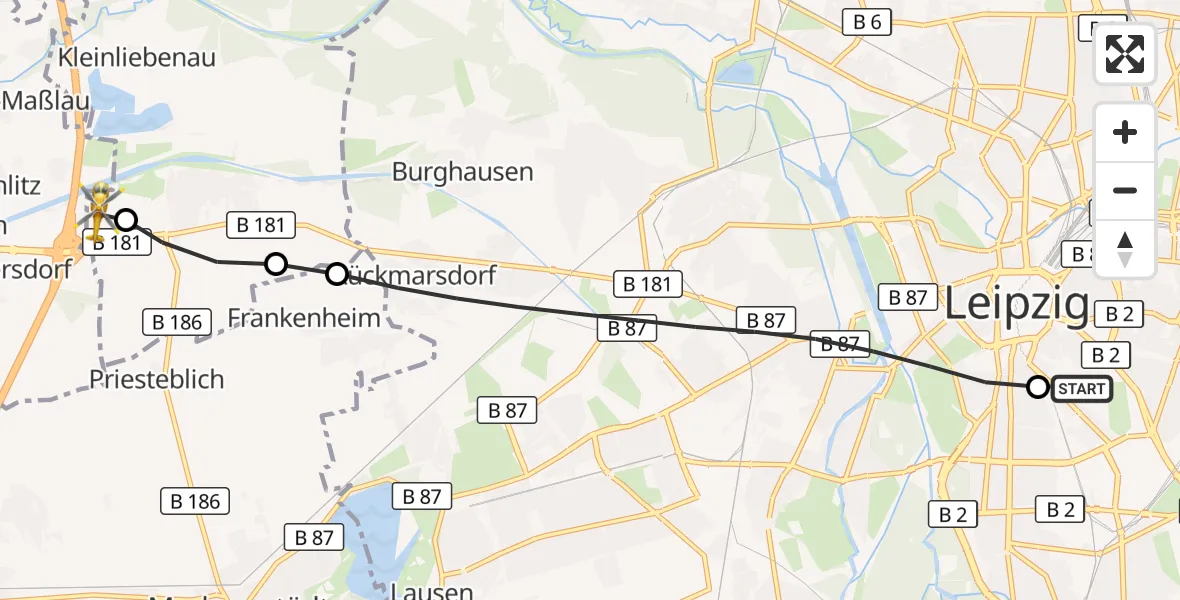 Flugroute Rettungshubschrauber Leipzig University Hospital Heliport 1 - ADAC Air Rescue Station Leipzig/Schkeuditz-Dölzig Hubschrauberlandeplatz (Christoph 61), 30 März 2026, 09:46