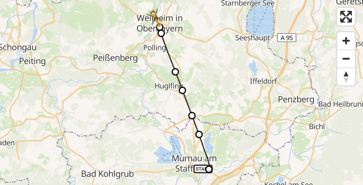 Routekaart van de vlucht: Rettungshubschrauber nach Weilheim i.OB, Kanalstraße