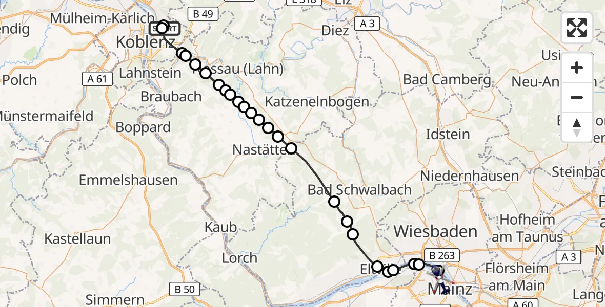 Flugroute Polizeihubschrauber Koblenz - Mainz, 30 März 2026, 09:49