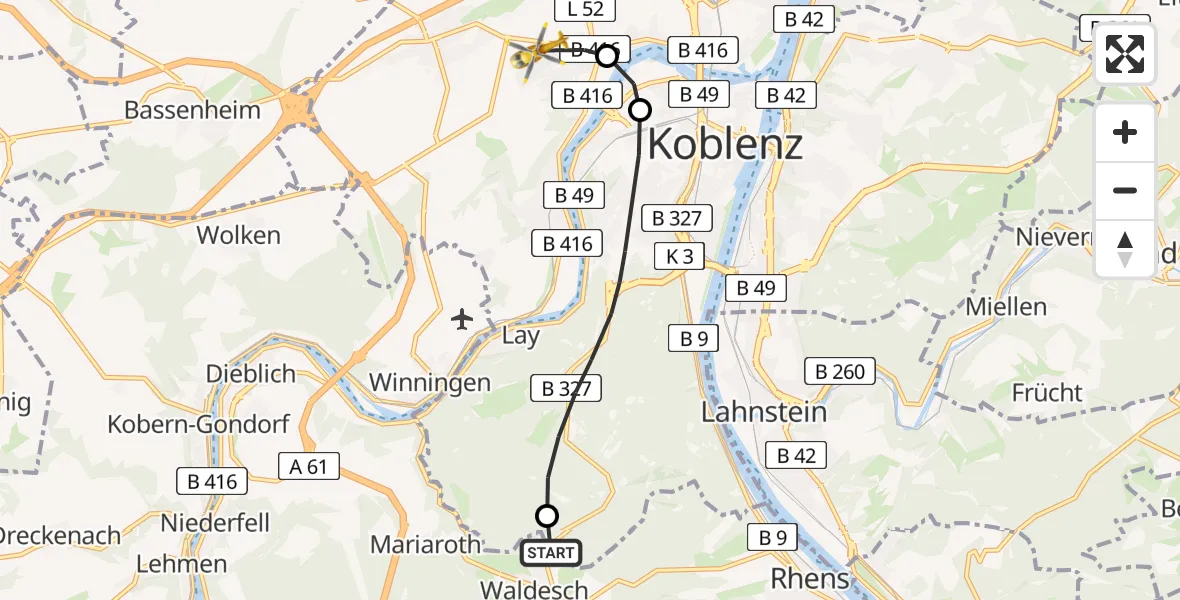 Routekaart van de vlucht: Rettungshubschrauber nach Koblenz, Rübenacher Straße