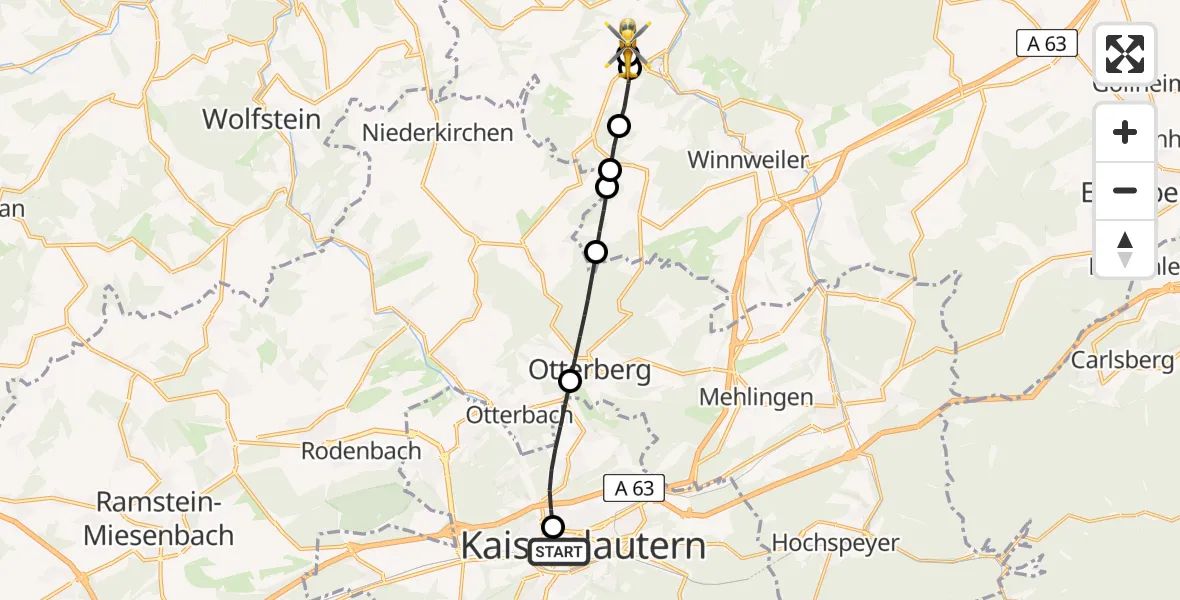 Flugroute Rettungshubschrauber Westpfalz Hospital Kaiserslautern - Imsweiler UL, 30 März 2026, 09:57