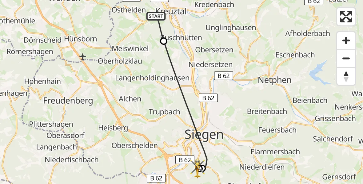 Flugroute Rettungshubschrauber Kreuztal - Evangelisches Jung-Stilling Hospital, 30 März 2026, 10:01