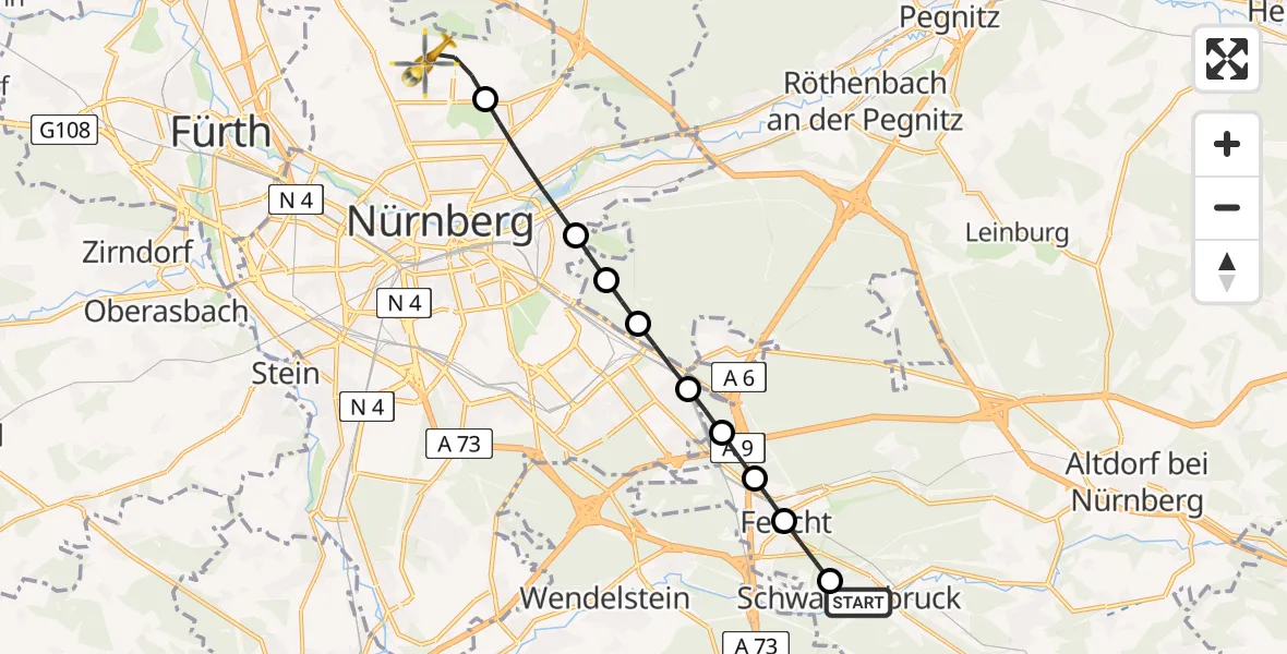 Flugroute Rettungshubschrauber Schwarzenbruck - Flughafen Nuremberg, 30 März 2026, 10:03